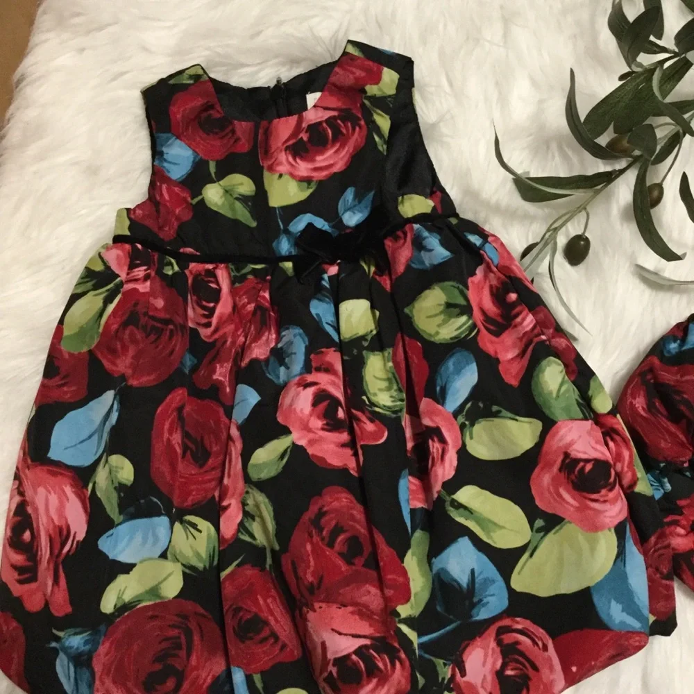 THE CHILDREN’S PLACE sz 12 Months Dress Set Floral Sleeveless Bow Red Black